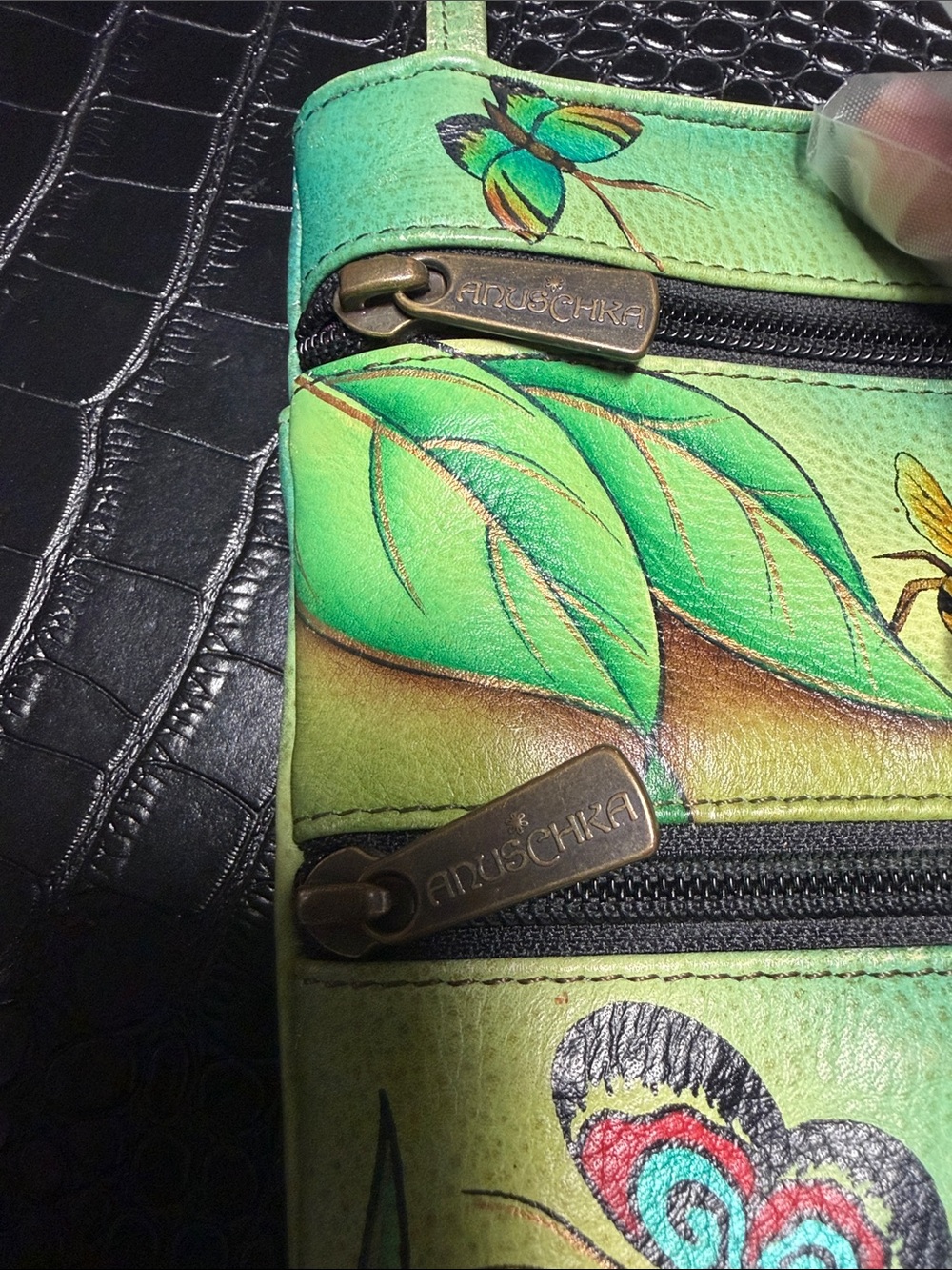 Anuschka Green Hand-Painted Floral & Butterfly Crossbody - Picture 8 of 16